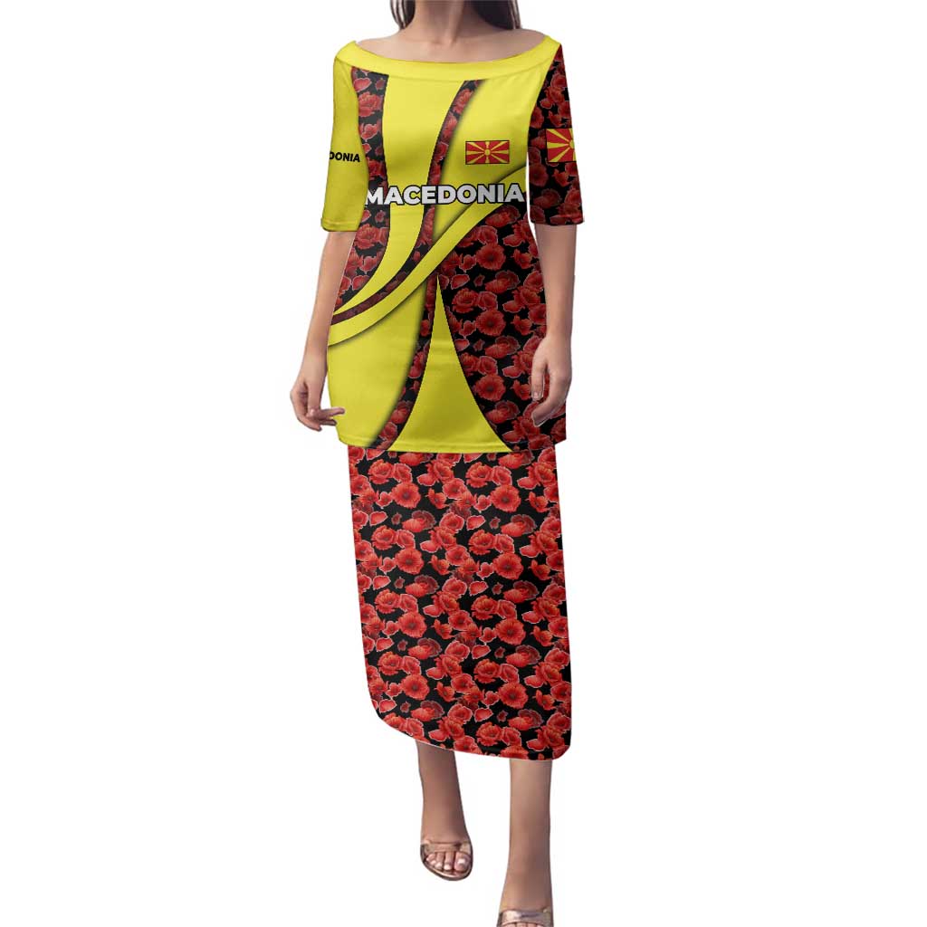 Macedonia Family Matching Puletasi and Hawaiian Shirt with Red Poppy Flower and Curved Panel Design - Wonder Print Shop