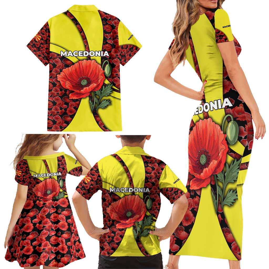 Macedonia Family Matching Short Sleeve Bodycon Dress and Hawaiian Shirt with Red Poppy Flower and Curved Panel Design - Wonder Print Shop