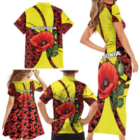 Macedonia Family Matching Short Sleeve Bodycon Dress and Hawaiian Shirt with Red Poppy Flower and Curved Panel Design - Wonder Print Shop