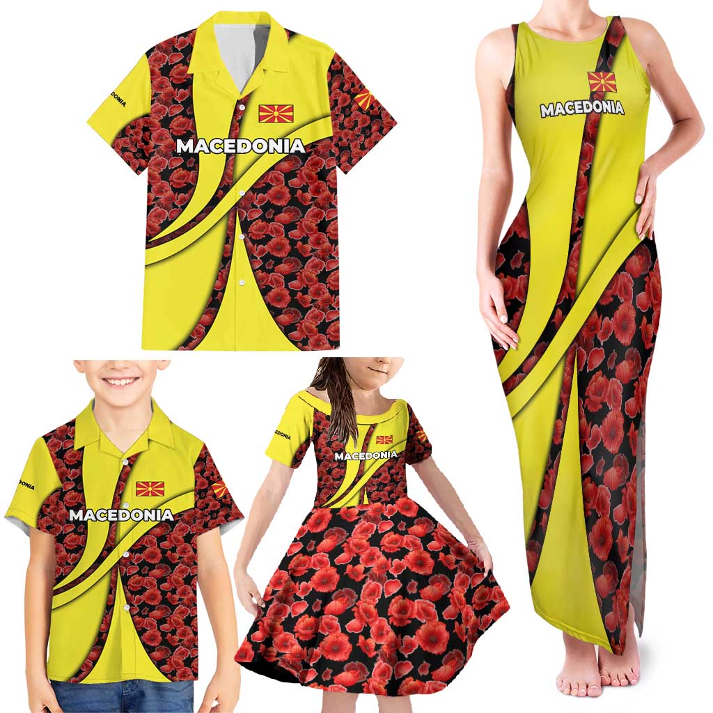 Macedonia Family Matching Tank Maxi Dress and Hawaiian Shirt with Red Poppy Flower and Curved Panel Design - Wonder Print Shop