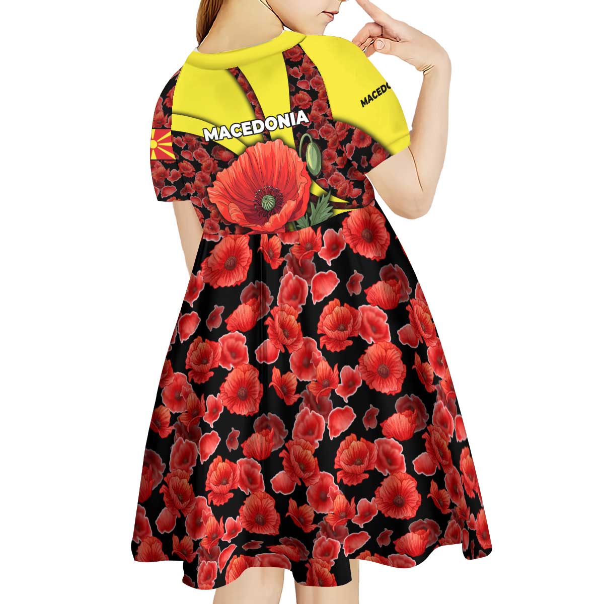 Macedonia Kid Short Sleeve Dress with Red Poppy Flower and Curved Panel Design - Wonder Print Shop