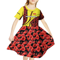 Macedonia Kid Short Sleeve Dress with Red Poppy Flower and Curved Panel Design - Wonder Print Shop