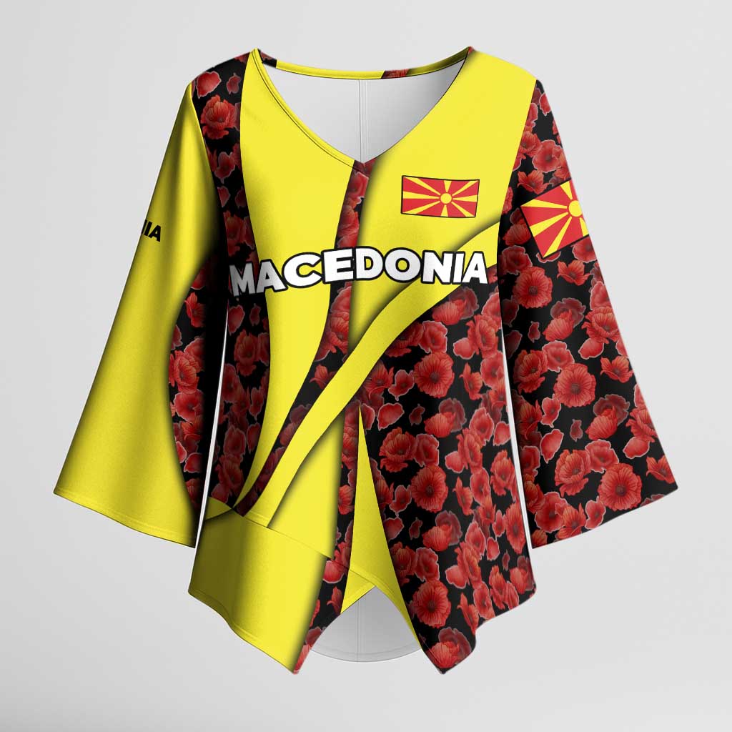 Macedonia Kimono Sleeve Blouse with Red Poppy Flower and Curved Panel Design - Wonder Print Shop