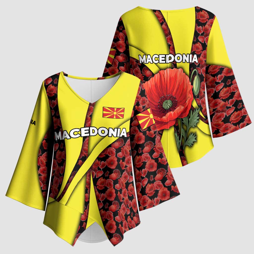 Macedonia Kimono Sleeve Blouse with Red Poppy Flower and Curved Panel Design - Wonder Print Shop