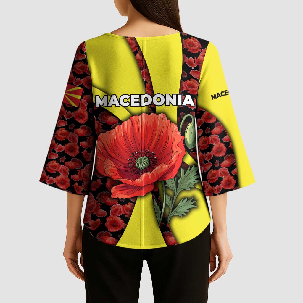 Macedonia Kimono Sleeve Blouse with Red Poppy Flower and Curved Panel Design - Wonder Print Shop