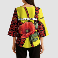 Macedonia Kimono Sleeve Blouse with Red Poppy Flower and Curved Panel Design - Wonder Print Shop