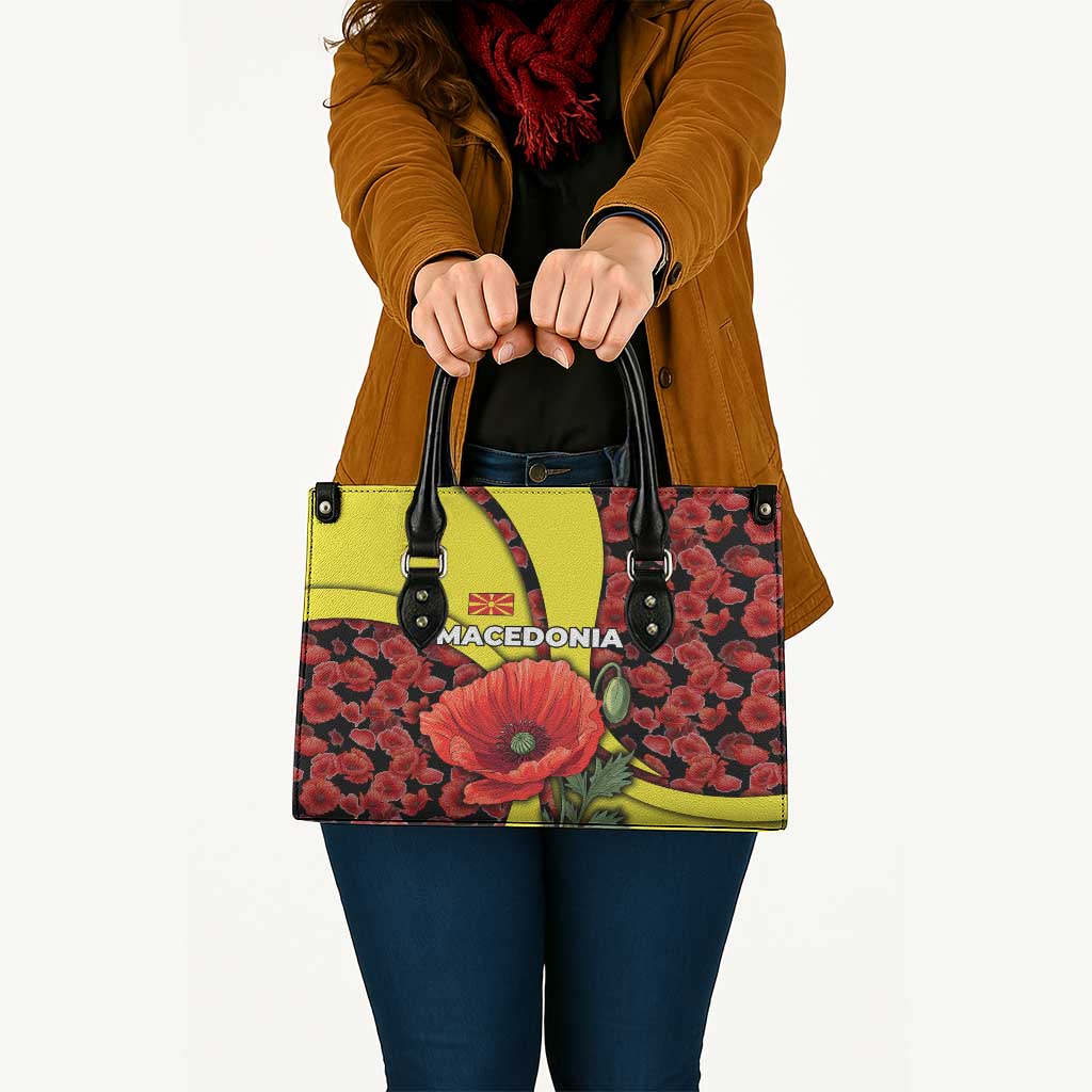 Macedonia Leather Bag with Red Poppy Flower and Curved Panel Design - Wonder Print Shop
