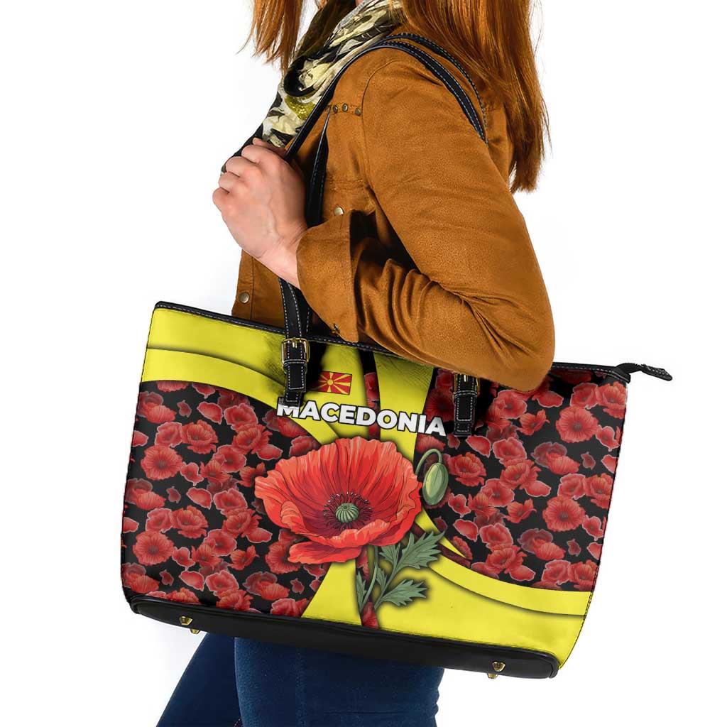 Macedonia Leather Tote Bag with Red Poppy Flower and Curved Panel Design - Wonder Print Shop