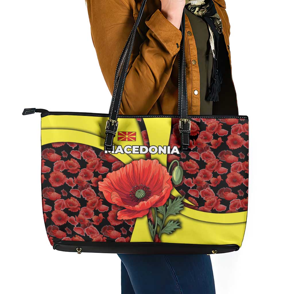 Macedonia Leather Tote Bag with Red Poppy Flower and Curved Panel Design - Wonder Print Shop
