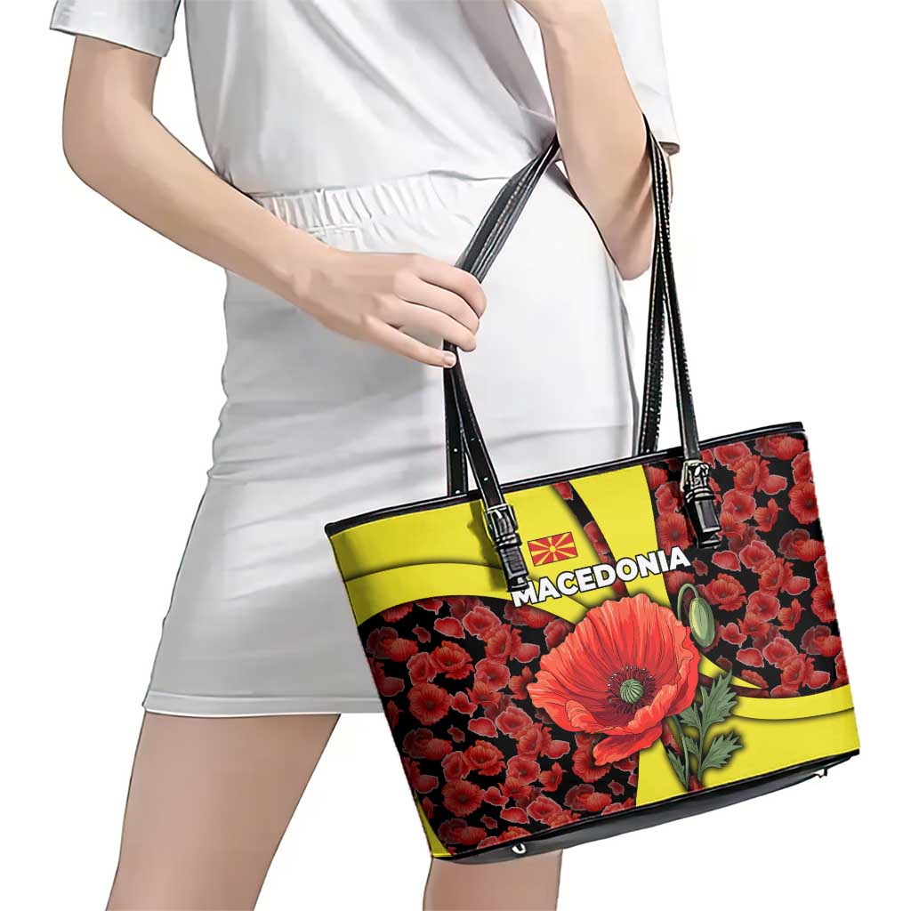Macedonia Leather Tote Bag with Red Poppy Flower and Curved Panel Design - Wonder Print Shop