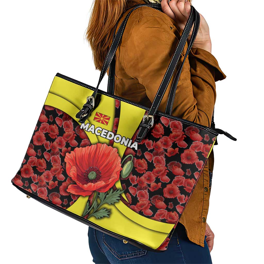 Macedonia Leather Tote Bag with Red Poppy Flower and Curved Panel Design - Wonder Print Shop