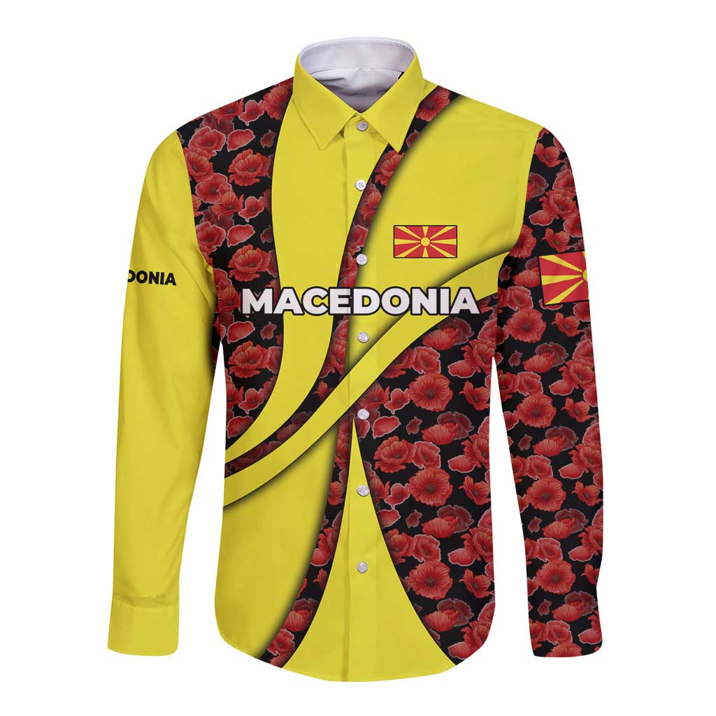 Macedonia Long Sleeve Button Shirt with Red Poppy Flower and Curved Panel Design - Wonder Print Shop