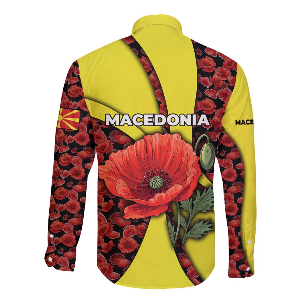 Macedonia Long Sleeve Button Shirt with Red Poppy Flower and Curved Panel Design - Wonder Print Shop
