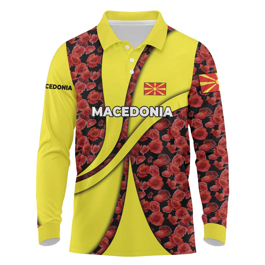 Macedonia Long Sleeve Polo Shirt with Red Poppy Flower and Curved Panel Design - Wonder Print Shop