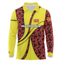 Macedonia Long Sleeve Polo Shirt with Red Poppy Flower and Curved Panel Design - Wonder Print Shop