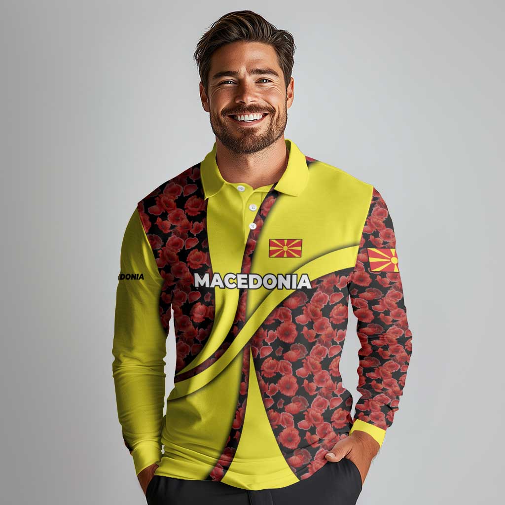 Macedonia Long Sleeve Polo Shirt with Red Poppy Flower and Curved Panel Design - Wonder Print Shop