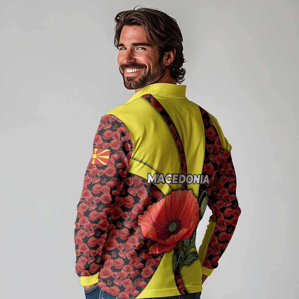Macedonia Long Sleeve Polo Shirt with Red Poppy Flower and Curved Panel Design - Wonder Print Shop