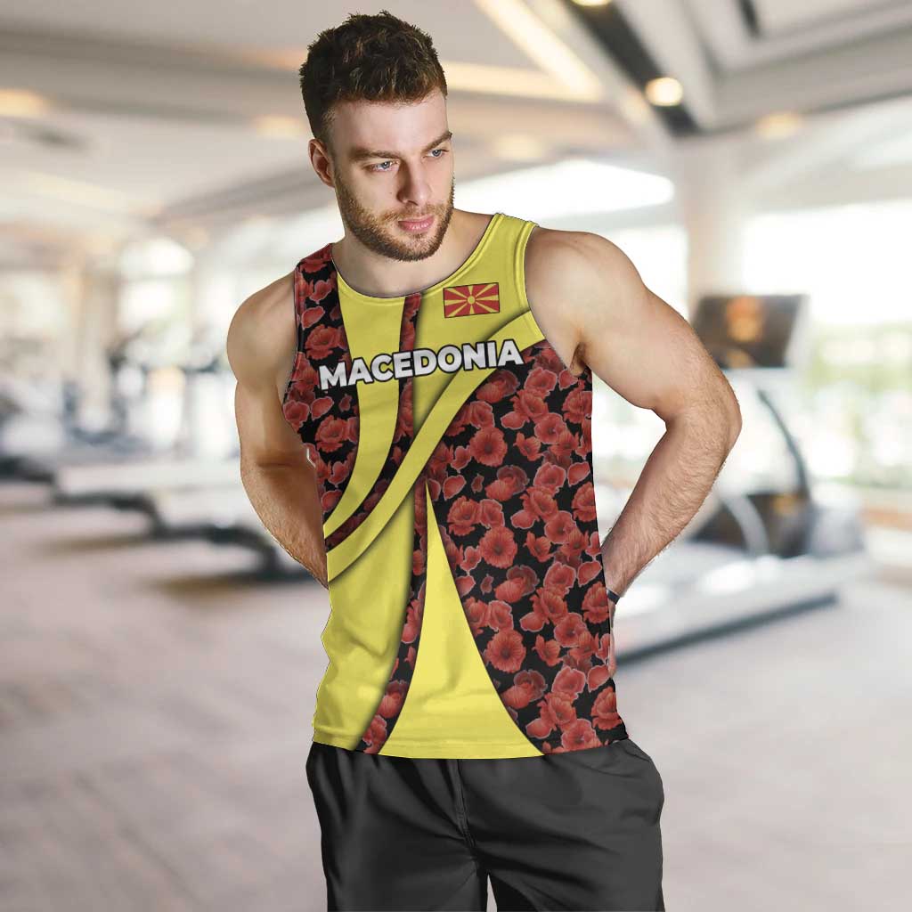 Macedonia Men Tank Top with Red Poppy Flower and Curved Panel Design - Wonder Print Shop