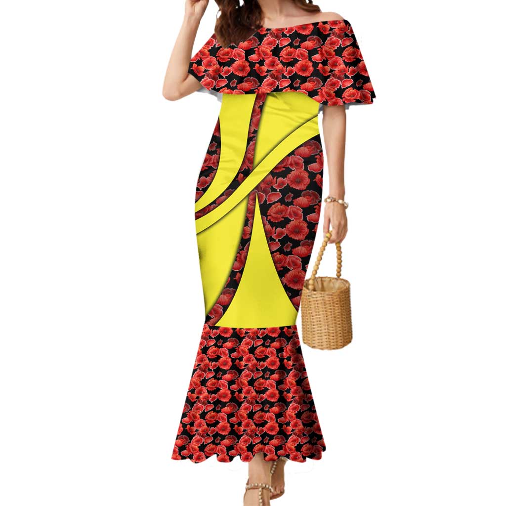 Macedonia Mermaid Dress with Red Poppy Flower and Curved Panel Design - Wonder Print Shop