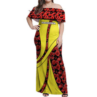 Macedonia Off Shoulder Maxi Dress with Red Poppy Flower and Curved Panel Design - Wonder Print Shop