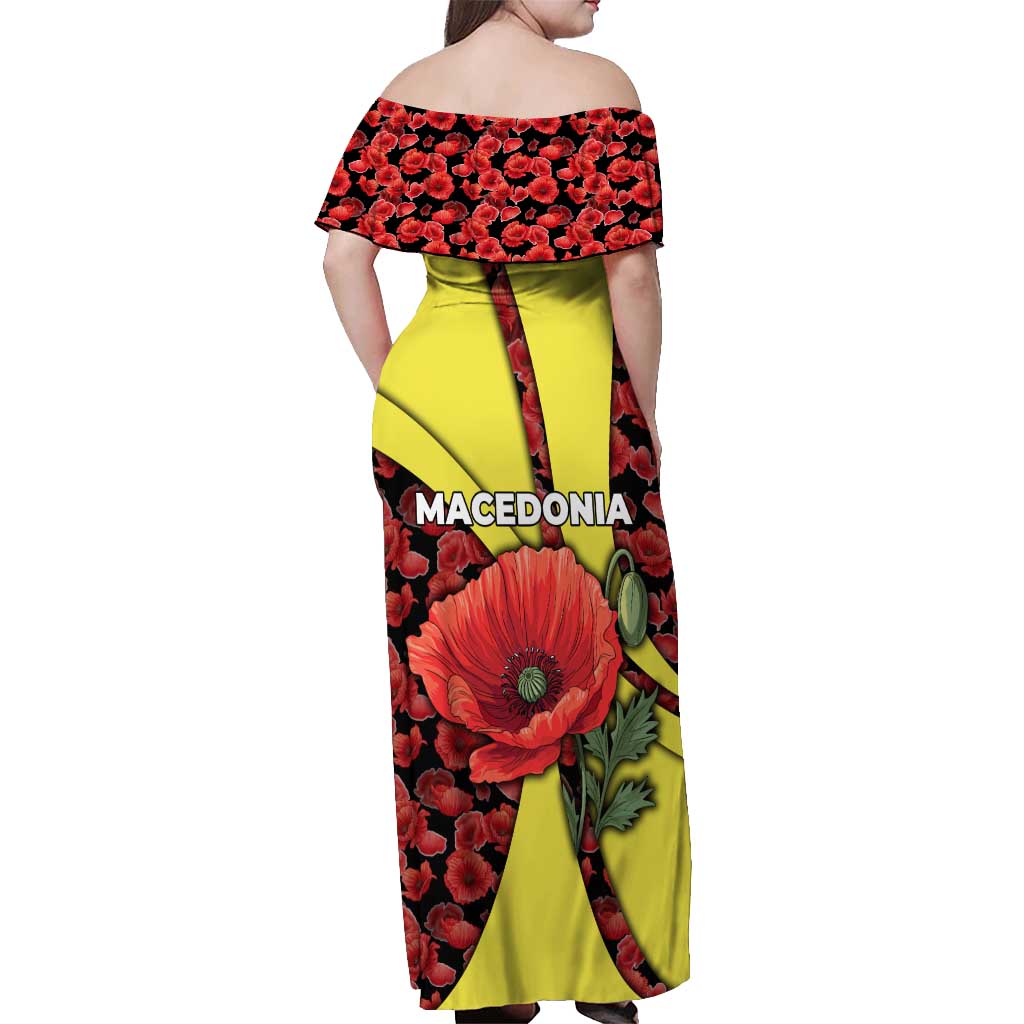 Macedonia Off Shoulder Maxi Dress with Red Poppy Flower and Curved Panel Design - Wonder Print Shop