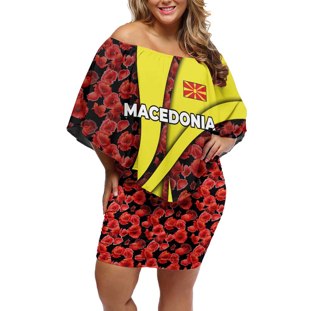 Macedonia Off Shoulder Short Dress with Red Poppy Flower and Curved Panel Design - Wonder Print Shop