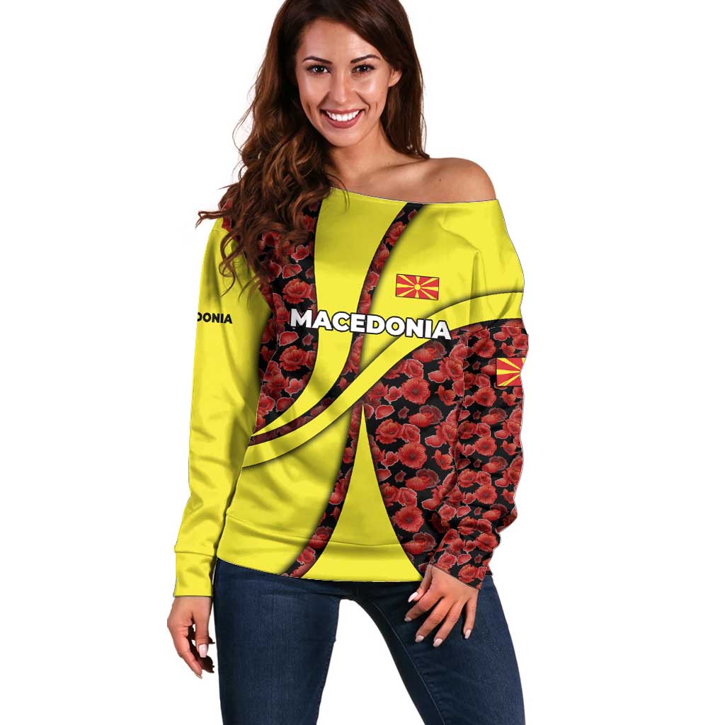 Macedonia Off Shoulder Sweater with Red Poppy Flower and Curved Panel Design - Wonder Print Shop