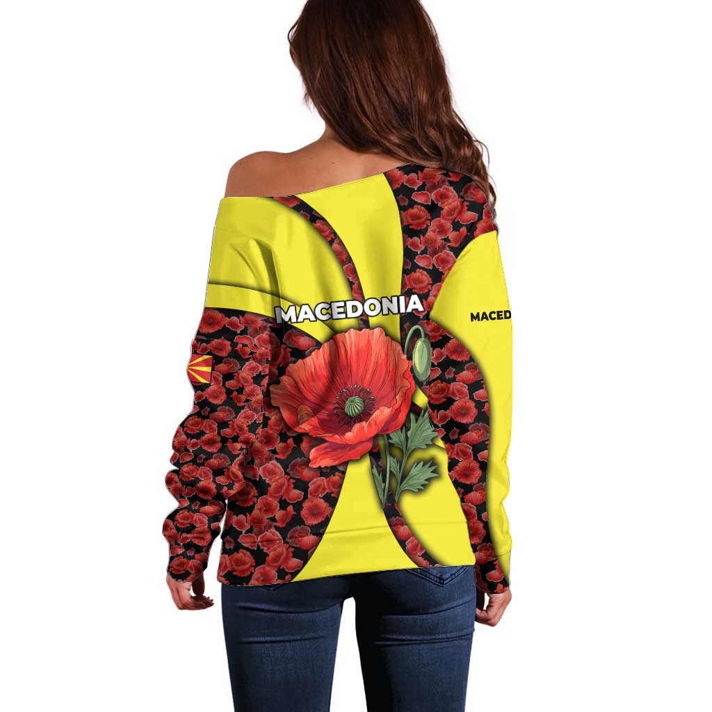 Macedonia Off Shoulder Sweater with Red Poppy Flower and Curved Panel Design - Wonder Print Shop