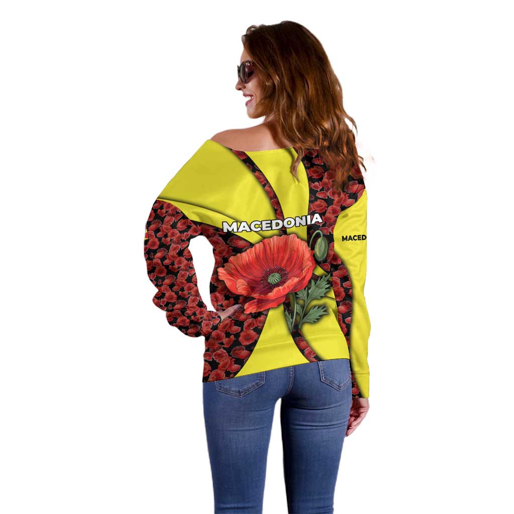 Macedonia Off Shoulder Sweater with Red Poppy Flower and Curved Panel Design - Wonder Print Shop