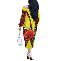 Macedonia Off The Shoulder Long Sleeve Dress with Red Poppy Flower and Curved Panel Design - Wonder Print Shop