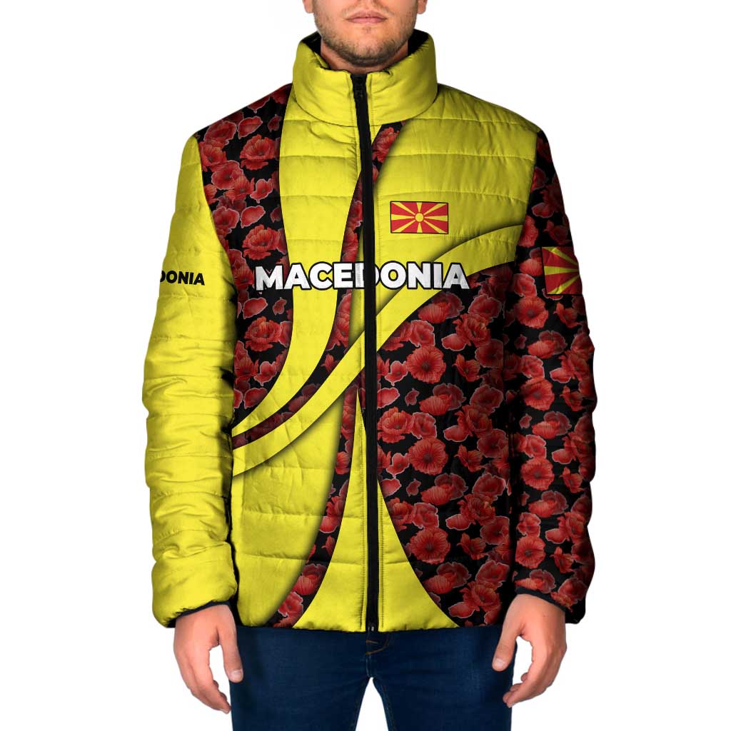 Macedonia Padded Jacket with Red Poppy Flower and Curved Panel Design - Wonder Print Shop