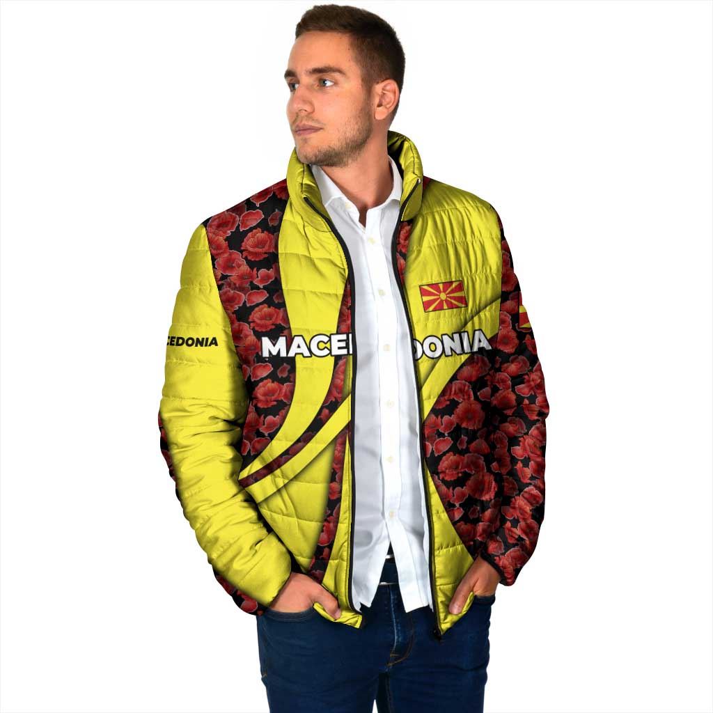Macedonia Padded Jacket with Red Poppy Flower and Curved Panel Design - Wonder Print Shop