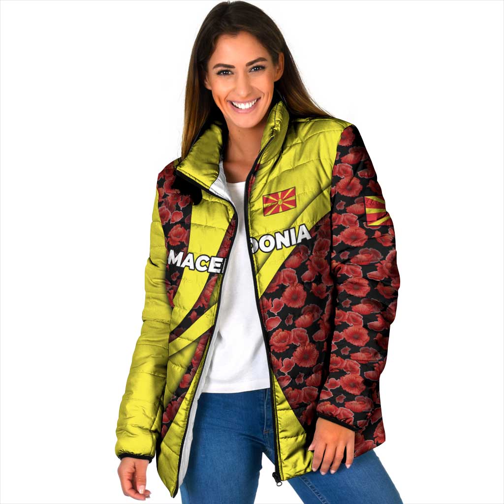 Macedonia Padded Jacket with Red Poppy Flower and Curved Panel Design - Wonder Print Shop