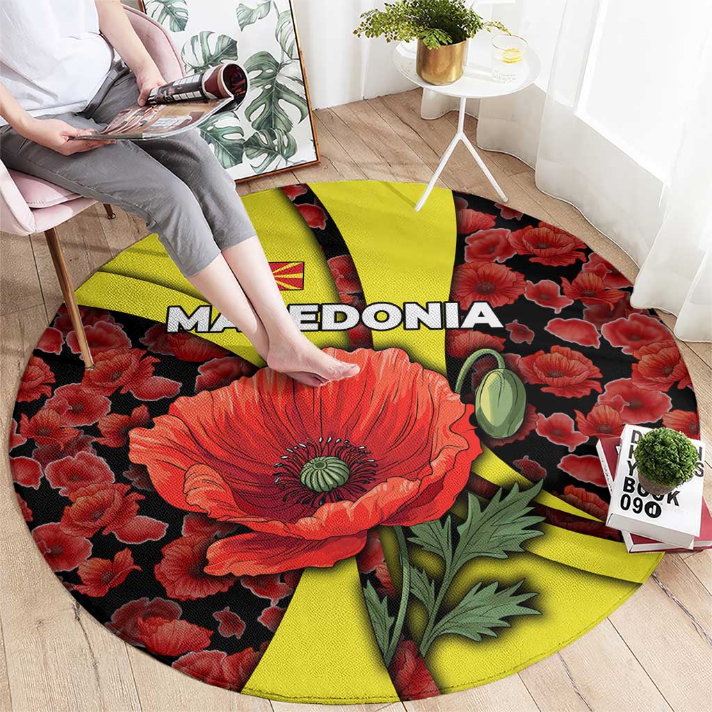 Macedonia Round Carpet with Red Poppy Flower and Curved Panel Design - Wonder Print Shop
