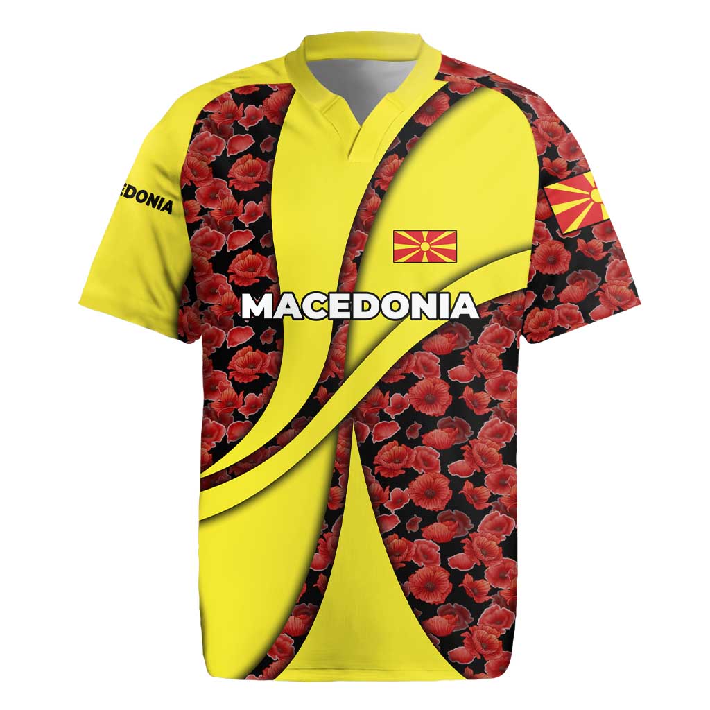 Macedonia Rugby Jersey with Red Poppy Flower and Curved Panel Design - Wonder Print Shop