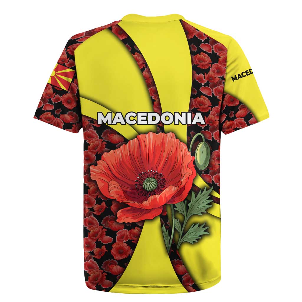 Macedonia Rugby Jersey with Red Poppy Flower and Curved Panel Design - Wonder Print Shop