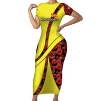 Macedonia Short Sleeve Bodycon Dress with Red Poppy Flower and Curved Panel Design - Wonder Print Shop