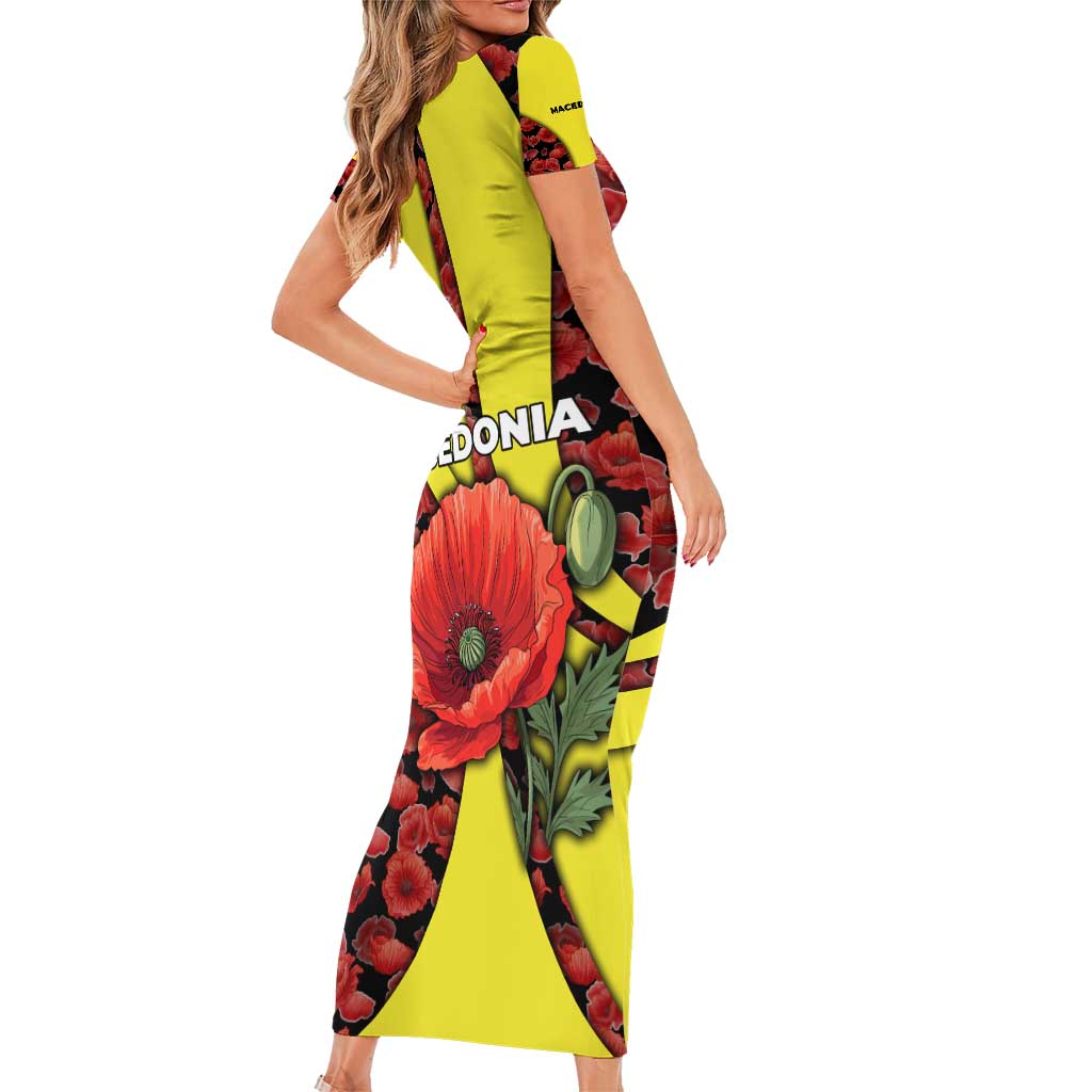 Macedonia Short Sleeve Bodycon Dress with Red Poppy Flower and Curved Panel Design - Wonder Print Shop