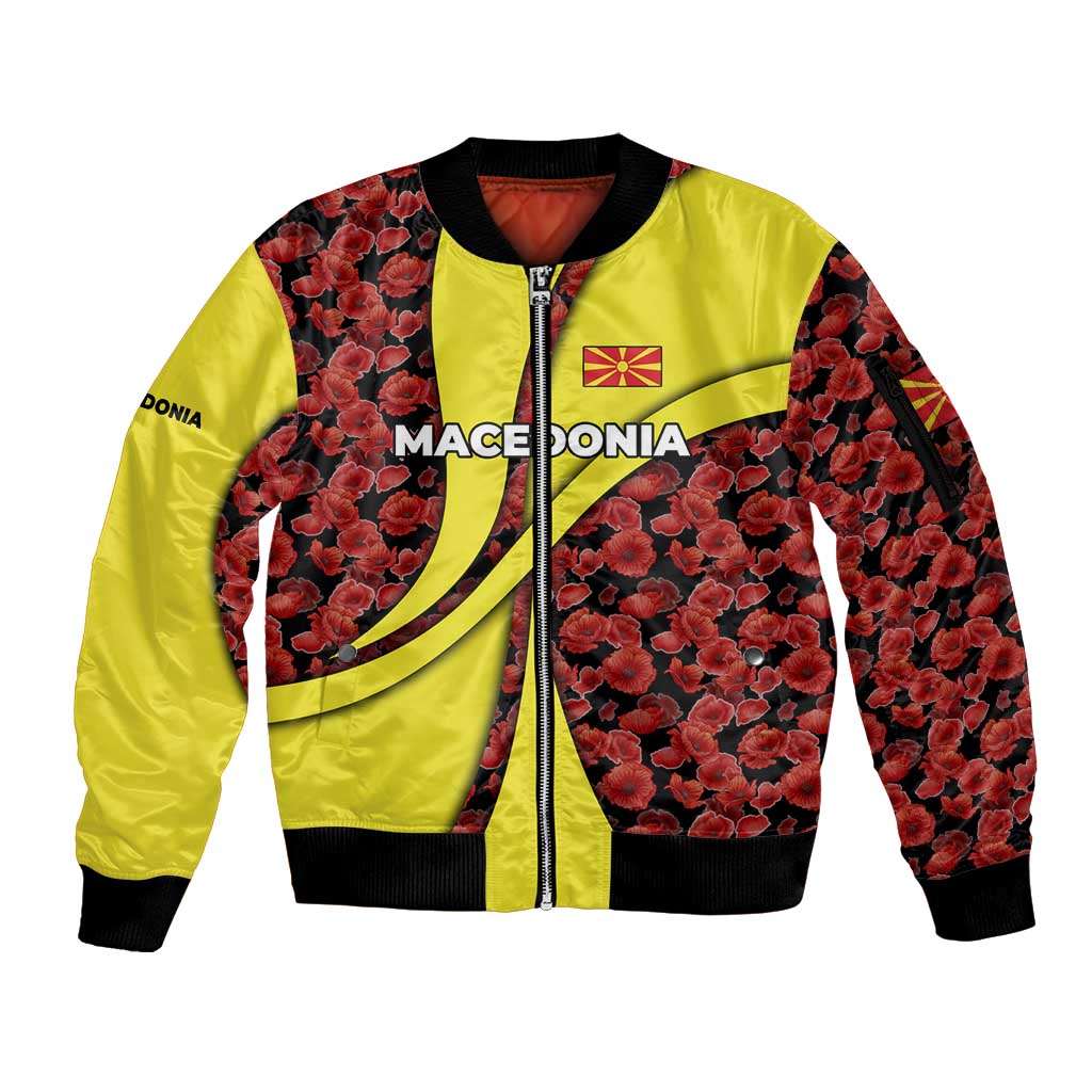 Macedonia Sleeve Zip Bomber Jacket with Red Poppy Flower and Curved Panel Design - Wonder Print Shop