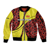 Macedonia Sleeve Zip Bomber Jacket with Red Poppy Flower and Curved Panel Design - Wonder Print Shop