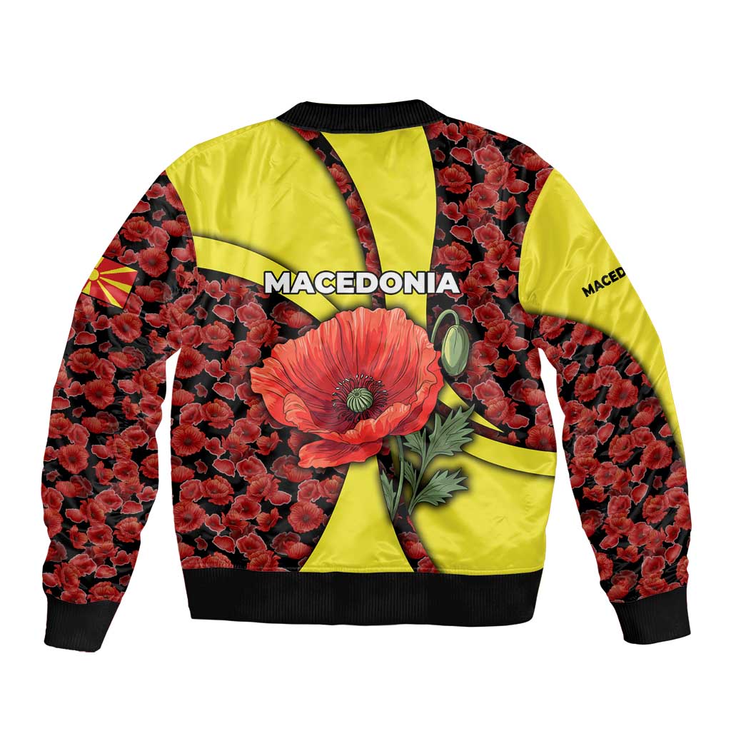 Macedonia Sleeve Zip Bomber Jacket with Red Poppy Flower and Curved Panel Design - Wonder Print Shop