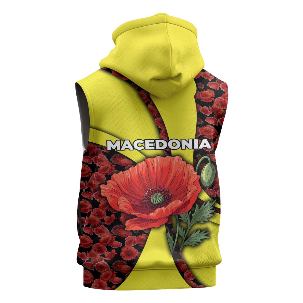 Macedonia Sleeveless Hoodie with Red Poppy Flower and Curved Panel Design - Wonder Print Shop
