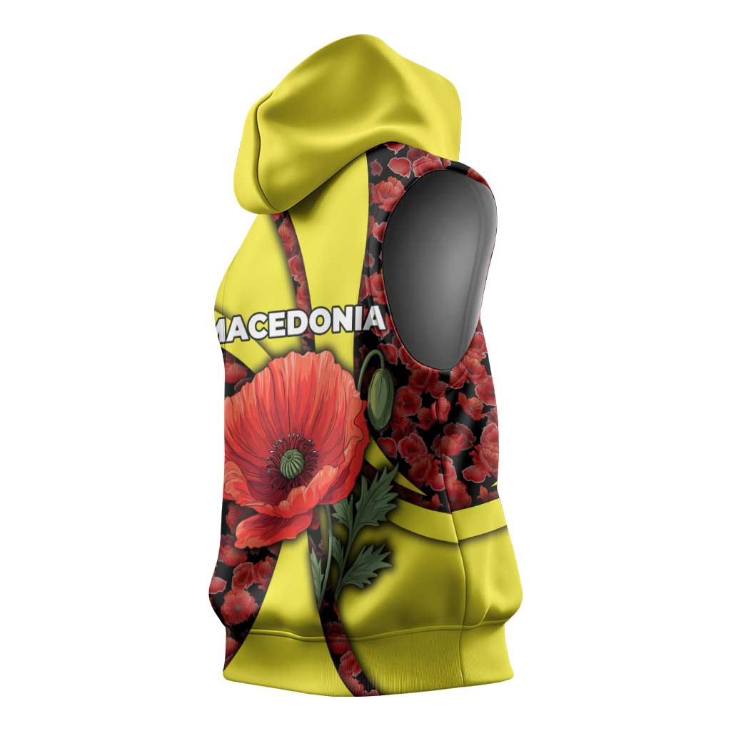 Macedonia Sleeveless Hoodie with Red Poppy Flower and Curved Panel Design - Wonder Print Shop