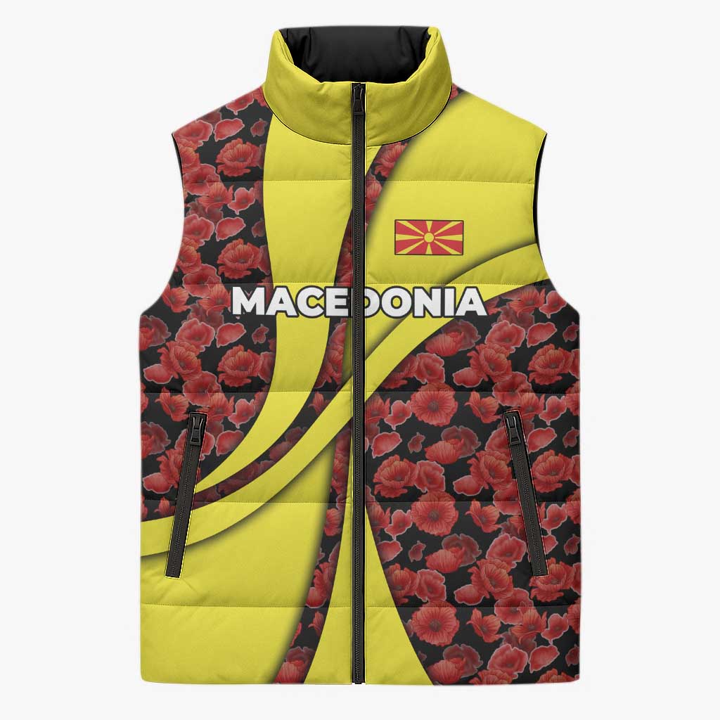 Macedonia Sleeveless Puffer Jacket with Red Poppy Flower and Curved Panel Design - Wonder Print Shop