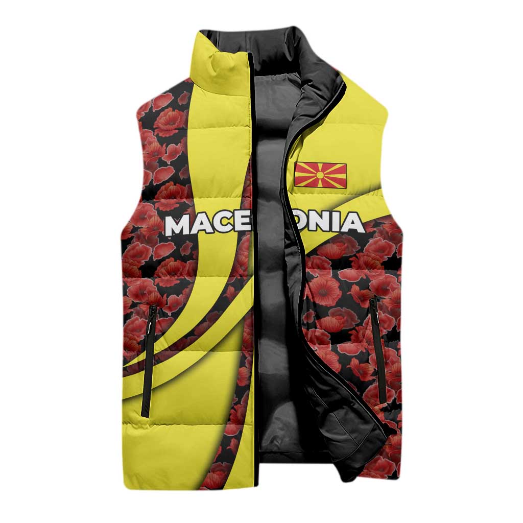 Macedonia Sleeveless Puffer Jacket with Red Poppy Flower and Curved Panel Design - Wonder Print Shop