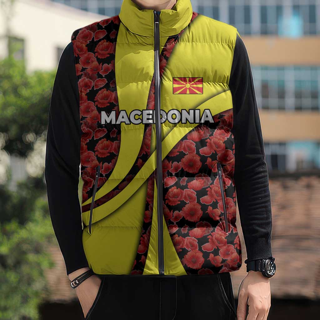 Macedonia Sleeveless Puffer Jacket with Red Poppy Flower and Curved Panel Design - Wonder Print Shop