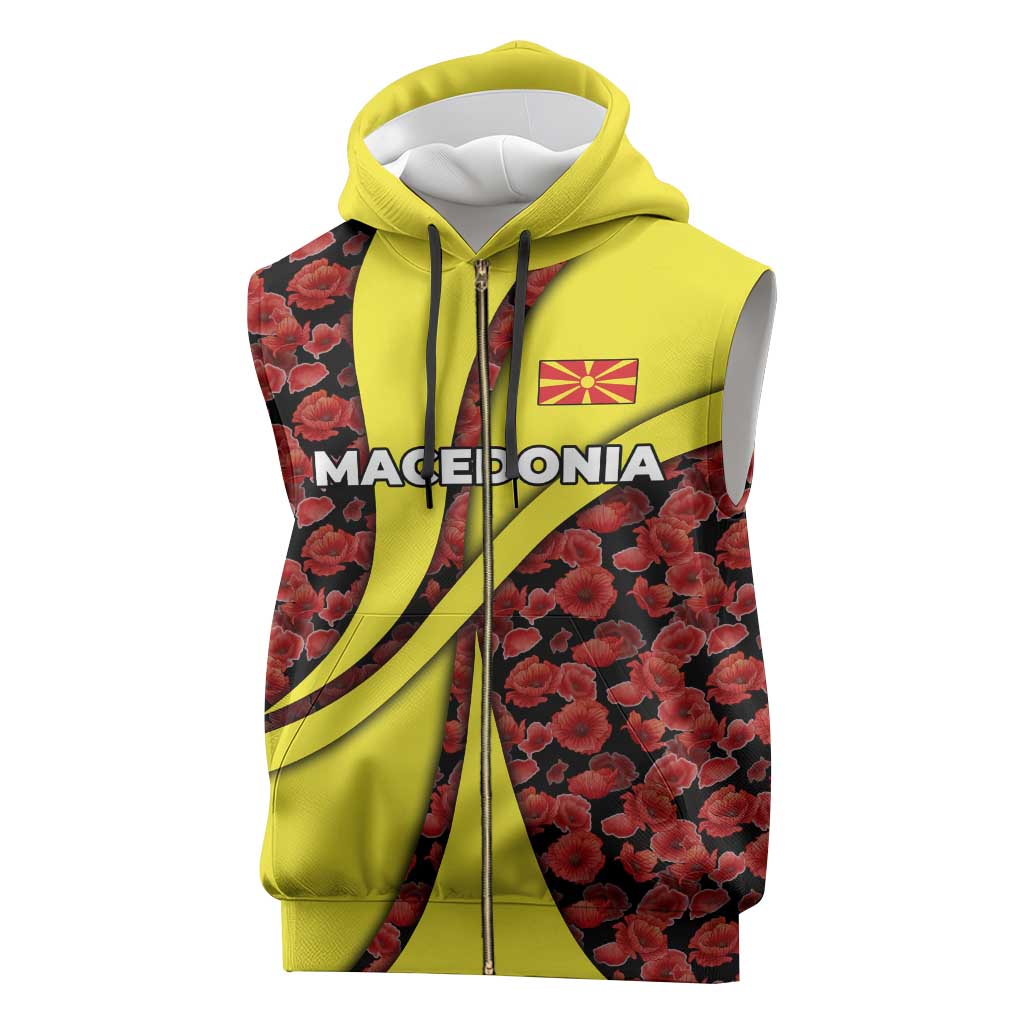 Macedonia Sleeveless Zip Hoodie with Red Poppy Flower and Curved Panel Design - Wonder Print Shop