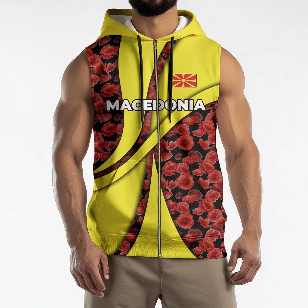 Macedonia Sleeveless Zip Hoodie with Red Poppy Flower and Curved Panel Design - Wonder Print Shop
