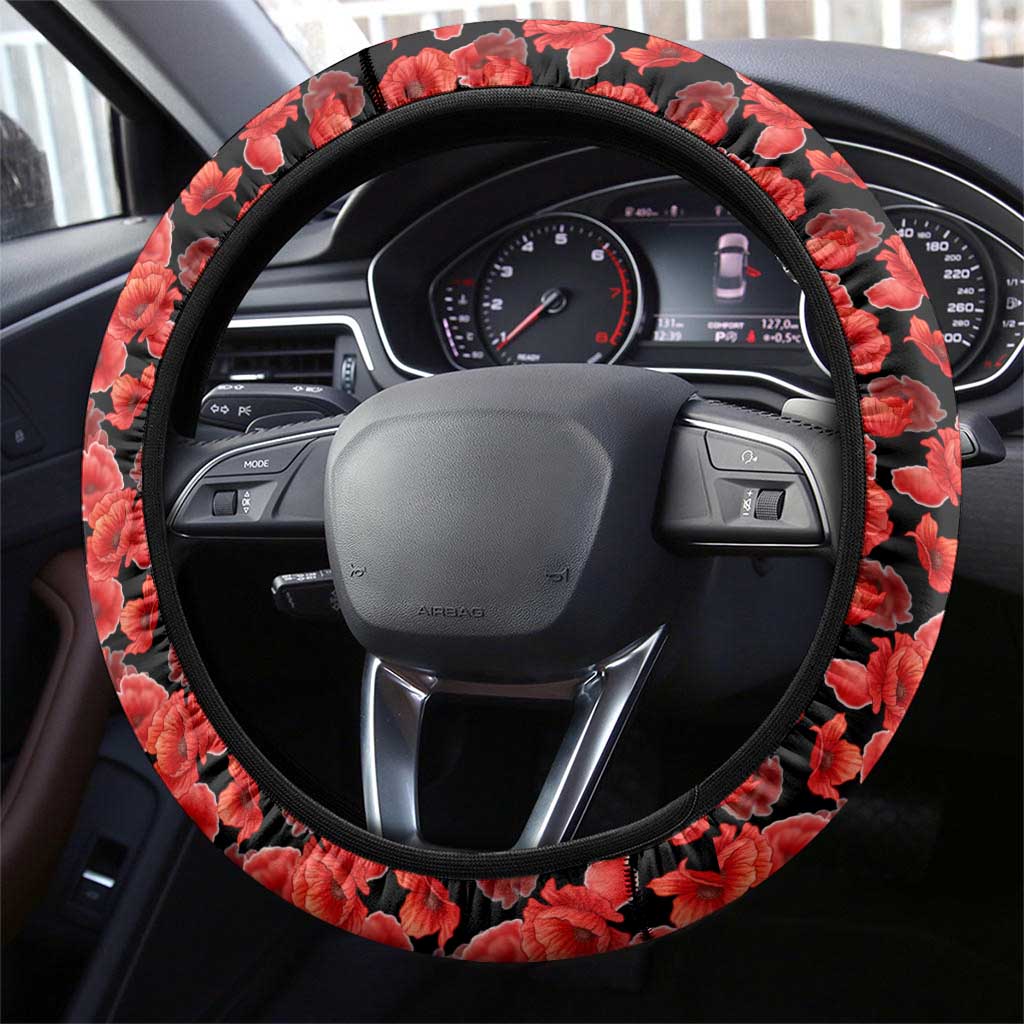 Macedonia Steering Wheel Cover with Red Poppy Flower and Curved Panel Design - Wonder Print Shop
