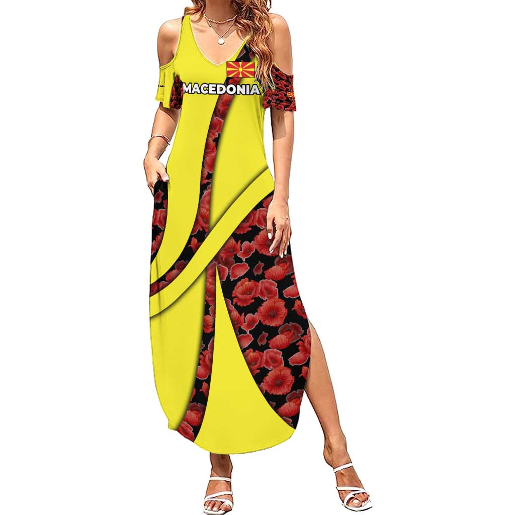 Macedonia Summer Maxi Dress with Red Poppy Flower and Curved Panel Design - Wonder Print Shop